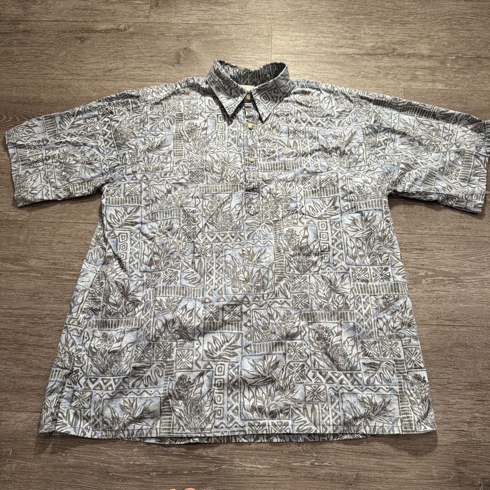 Go Barefoot Shirt Mens XL Camp Reverse Print Leaf Hawaiian Aloha Henley Floral